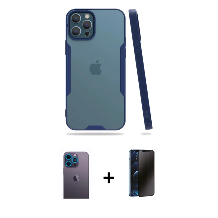 MARSİLYAN™- iPhone 12 Pro Max Kılıf Atlas Asil Serisi - Siyah 3D Antistatik Hayalet Cam Ekran Koruyucu + Neon Fosforlu Kamera Lens - MI