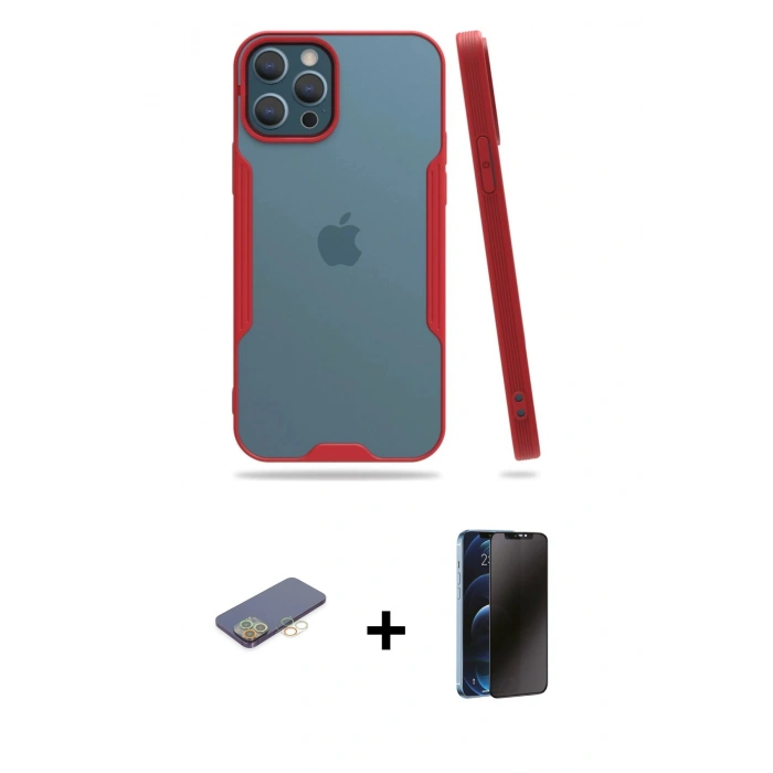 MARSİLYAN™- iPhone 12 Pro Max Kılıf Atlas Asil Serisi - Siyah 3D Antistatik Hayalet Cam Ekran Koruyucu + Renkli Kamera Lens Koruma Cam - SI