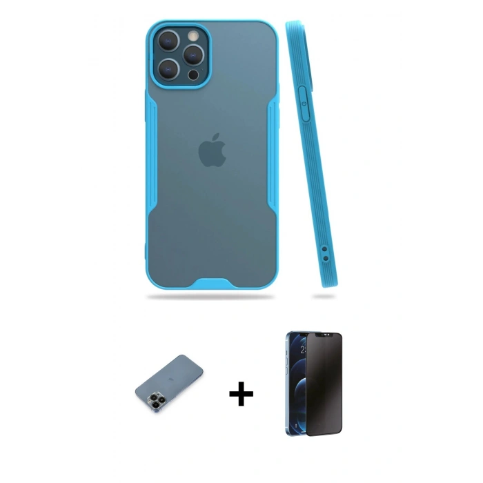 MARSİLYAN™- iPhone 12 Pro Max Kılıf Atlas Asil Serisi - Siyah 3D Antistatik Hayalet Cam Ekran Koruyucu + Shine Kamera Lens Koruma Cam - SH