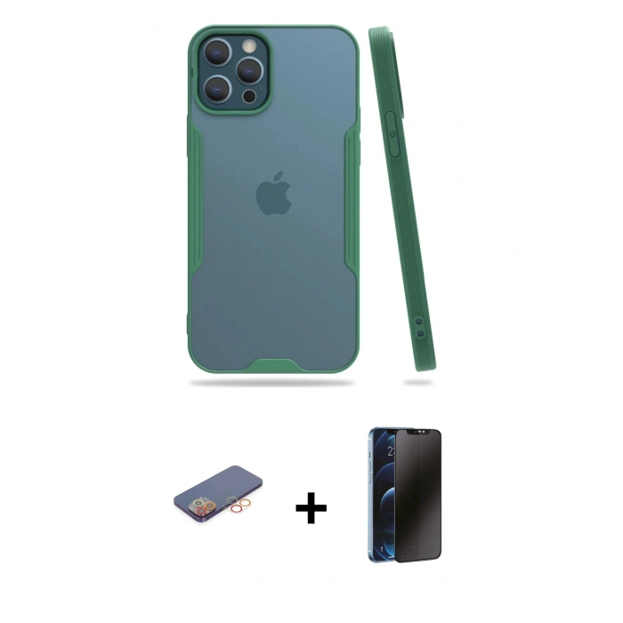 MARSİLYAN™- iPhone 12 Pro Max Kılıf Atlas Asil Serisi - Siyah 3D Antistatik Hayalet Cam Ekran Koruyucu + Renkli Kamera Lens Koruma Cam - TU