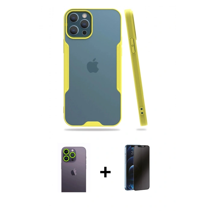 MARSİLYAN™- iPhone 12 Pro Max Kılıf Atlas Asil Serisi - Siyah 3D Antistatik Hayalet Cam Ekran Koruyucu + Neon Fosforlu Kamera Lens - YL