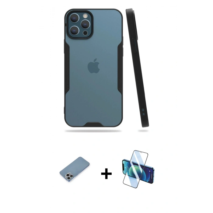 MARSİLYAN™- iPhone 12 Pro Max Kılıf Atlas Asil Serisi - Siyah 3D Antistatik Seramik Nano Ekran Koruyucu + Shine Kamera Lens Koruma Cam - GI