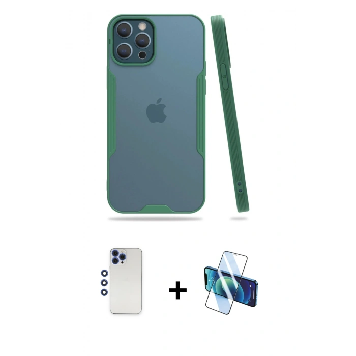 MARSİLYAN™- iPhone 12 Pro Max Kılıf Atlas Asil Serisi - Siyah 3D Antistatik Seramik Nano Ekran Koruyucu + Shine Kamera Lens - LT
