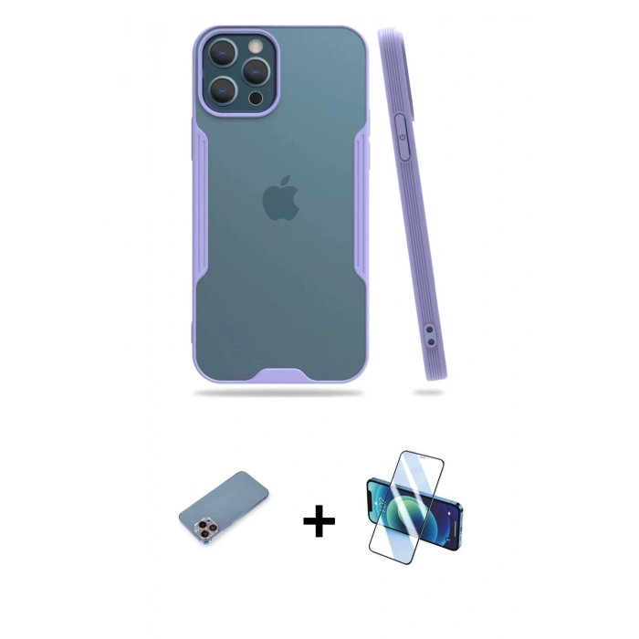 MARSİLYAN™- iPhone 12 Pro Max Kılıf Atlas Asil Serisi - Siyah 3D Antistatik Seramik Nano Ekran Koruyucu + Shine Kamera Lens Koruma Cam - PE