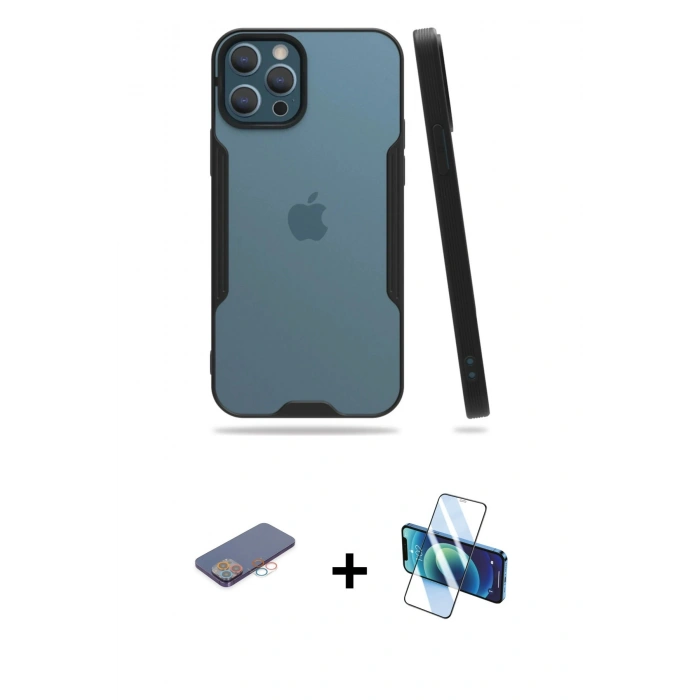 MARSİLYAN™- iPhone 12 Pro Max Kılıf Atlas Asil Serisi - Siyah 3D Antistatik Seramik Nano Ekran Koruyucu + Renkli Kamera Lens Koruma Cam - PE