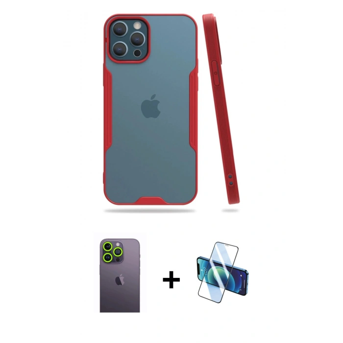 MARSİLYAN™- iPhone 12 Pro Max Kılıf Atlas Asil Serisi - Siyah 3D Antistatik Seramik Nano Ekran Koruyucu + Neon Fosforlu Kamera Lens - YL