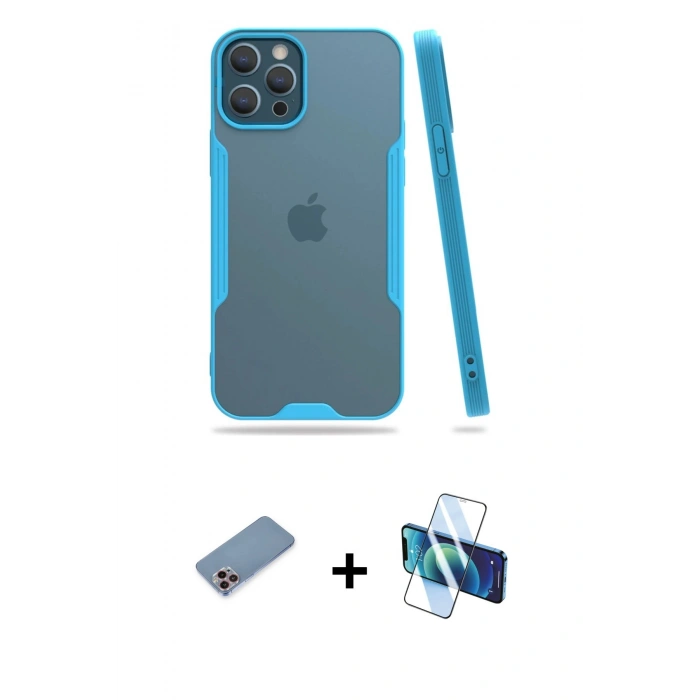 MARSİLYAN™- iPhone 12 Pro Max Kılıf Atlas Asil Serisi - Siyah 3D Antistatik Seramik Nano Ekran Koruyucu + Shine Kamera Lens Koruma Cam - PE