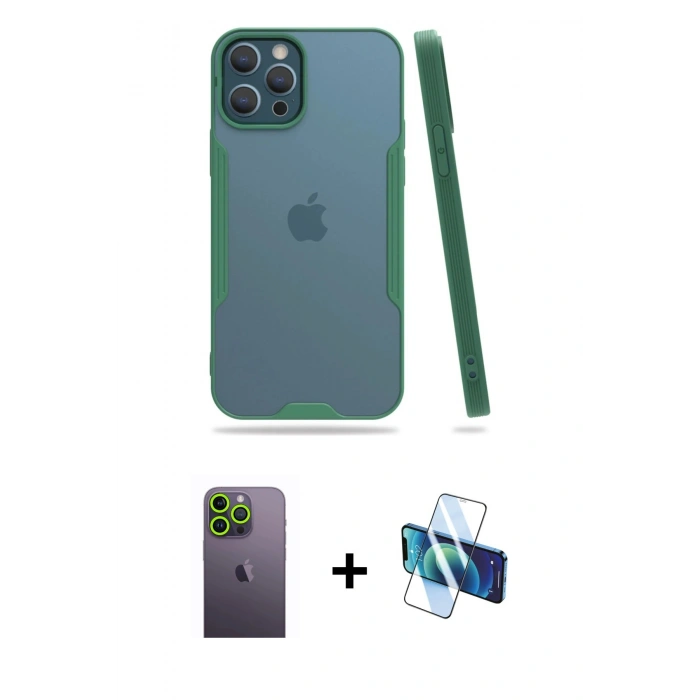 MARSİLYAN™- iPhone 12 Pro Max Kılıf Atlas Asil Serisi - Siyah 3D Antistatik Seramik Nano Ekran Koruyucu + Neon Fosforlu Kamera Lens - YL