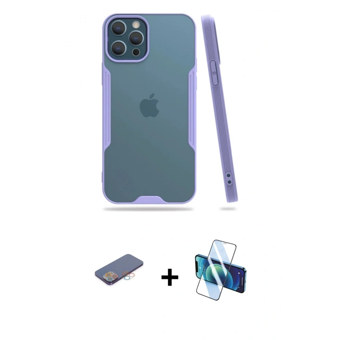 MARSİLYAN™- iPhone 12 Pro Max Kılıf Atlas Asil Serisi - Siyah 3D Antistatik Seramik Nano Ekran Koruyucu + Renkli Kamera Lens Koruma Cam - PE