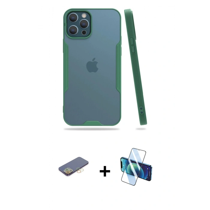 MARSİLYAN™- iPhone 12 Pro Max Kılıf Atlas Asil Serisi - Siyah 3D Antistatik Seramik Nano Ekran Koruyucu + Renkli Kamera Lens Koruma Cam - SI