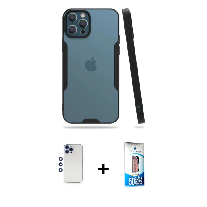 MARSİLYAN™- iPhone 12 Pro Max Kılıf Atlas Asil Serisi - Siyah 5D Eko Cam Ekran Koruyucu + Shine Kamera Lens - LT