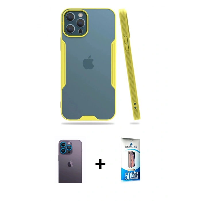 MARSİLYAN™- iPhone 12 Pro Max Kılıf Atlas Asil Serisi - Siyah 5D Eko Cam Ekran Koruyucu + Neon Fosforlu Kamera Lens - MI