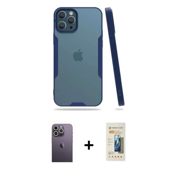 MARSİLYAN™- iPhone 12 Pro Max Kılıf Atlas Asil Serisi - Siyah 6D Mat Seramik Hayalet Nano Ekran Koruyucu + Neon Fosforlu Kamera Lens - BZ