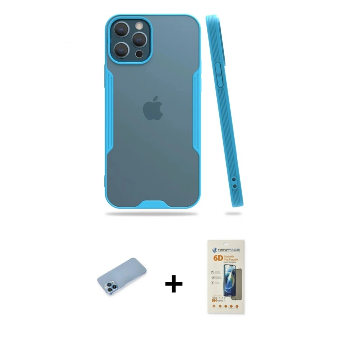 MARSİLYAN™- iPhone 12 Pro Max Kılıf Atlas Asil Serisi - Siyah 6D Mat Seramik Hayalet Nano Ekran Koruyucu + Shine Kamera Lens Koruma Cam - MI