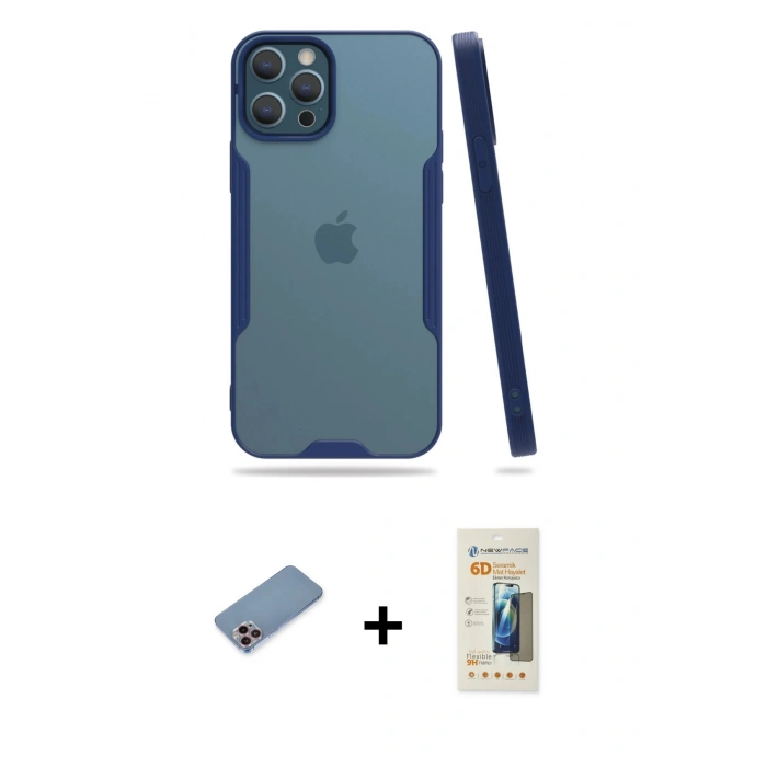 MARSİLYAN™- iPhone 12 Pro Max Kılıf Atlas Asil Serisi - Siyah 6D Mat Seramik Hayalet Nano Ekran Koruyucu + Shine Kamera Lens Koruma Cam - PE