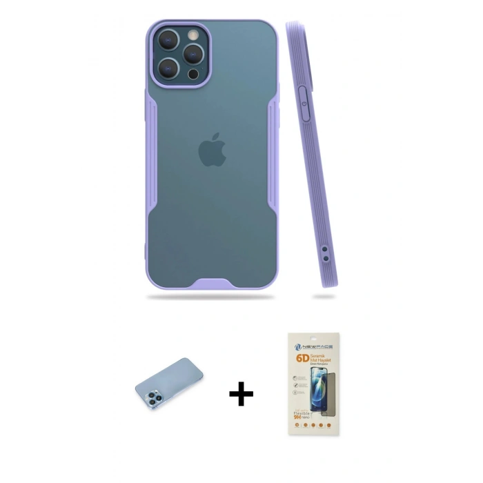 MARSİLYAN™- iPhone 12 Pro Max Kılıf Atlas Asil Serisi - Siyah 6D Mat Seramik Hayalet Nano Ekran Koruyucu + Shine Kamera Lens Koruma Cam - MI