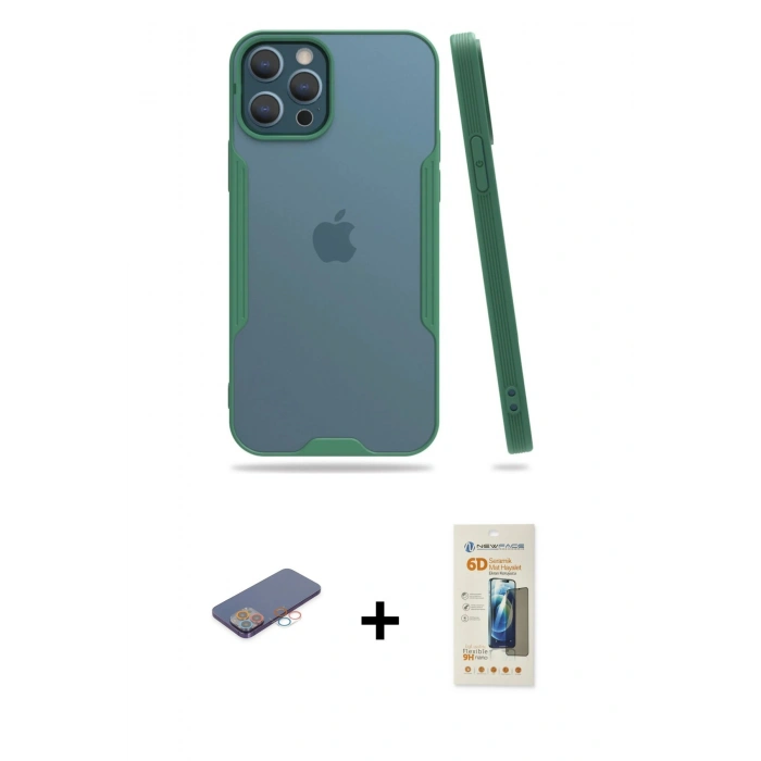 MARSİLYAN™- iPhone 12 Pro Max Kılıf Atlas Asil Serisi - Siyah 6D Mat Seramik Hayalet Nano Ekran Koruyucu + Renkli Kamera Lens Koruma Cam - PE