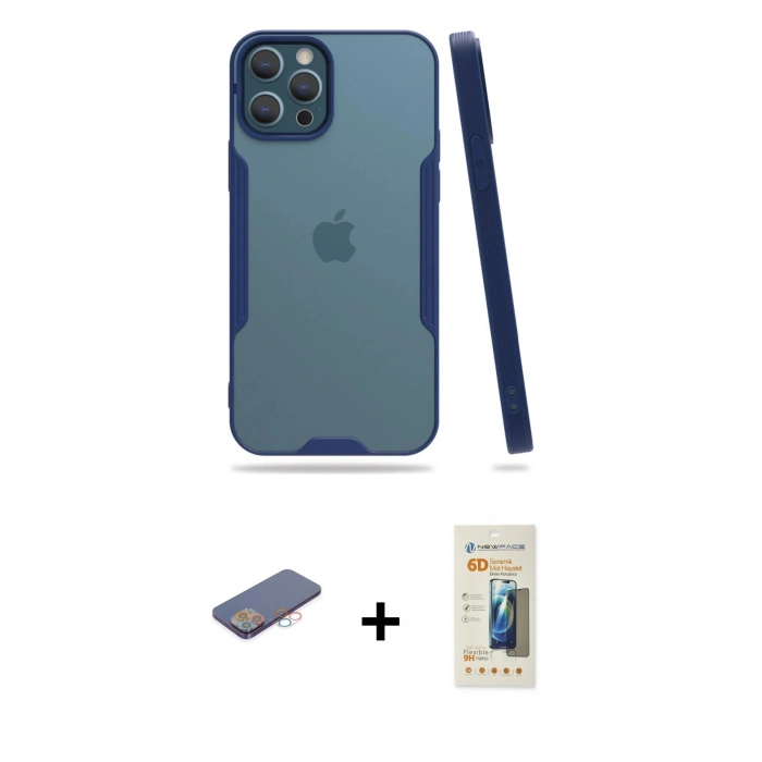 MARSİLYAN™- iPhone 12 Pro Max Kılıf Atlas Asil Serisi - Siyah 6D Mat Seramik Hayalet Nano Ekran Koruyucu + Renkli Kamera Lens Koruma Cam - PE