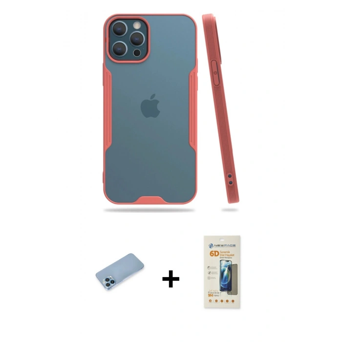 MARSİLYAN™- iPhone 12 Pro Max Kılıf Atlas Asil Serisi - Siyah 6D Mat Seramik Hayalet Nano Ekran Koruyucu + Shine Kamera Lens Koruma Cam - MI