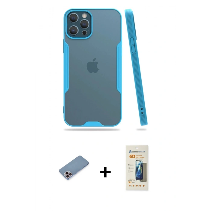 MARSİLYAN™- iPhone 12 Pro Max Kılıf Atlas Asil Serisi - Siyah 6D Mat Seramik Hayalet Nano Ekran Koruyucu + Shine Kamera Lens Koruma Cam - PE