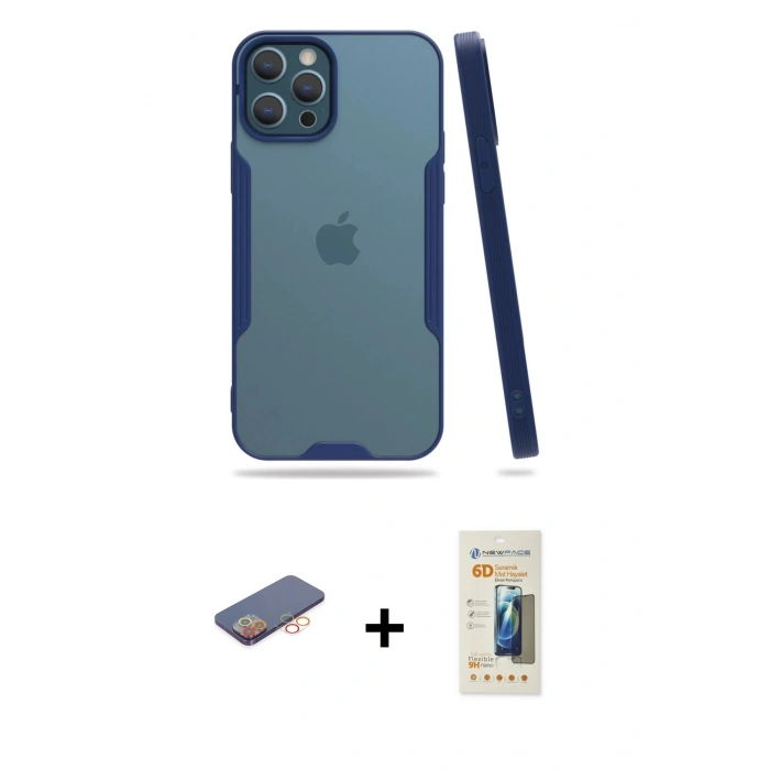 MARSİLYAN™- iPhone 12 Pro Max Kılıf Atlas Asil Serisi - Siyah 6D Mat Seramik Hayalet Nano Ekran Koruyucu + Renkli Kamera Lens Koruma Cam - TU