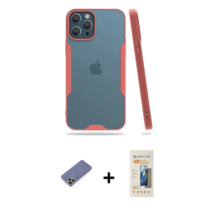 MARSİLYAN™- iPhone 12 Pro Max Kılıf Atlas Asil Serisi - Siyah 6D Mat Seramik Hayalet Nano Ekran Koruyucu + Metal Kamera Lens Koruma Cam - GD