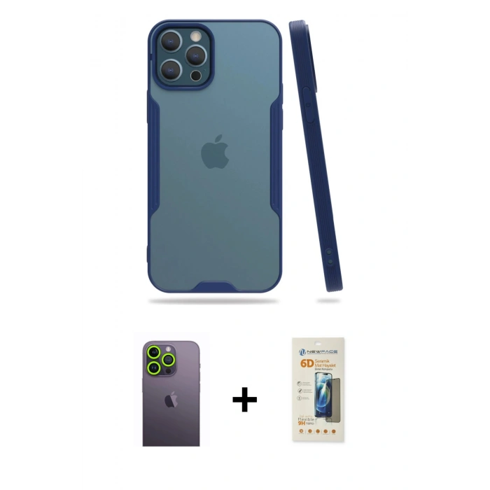 MARSİLYAN™- iPhone 12 Pro Max Kılıf Atlas Asil Serisi - Siyah 6D Mat Seramik Hayalet Nano Ekran Koruyucu + Neon Fosforlu Kamera Lens - YL