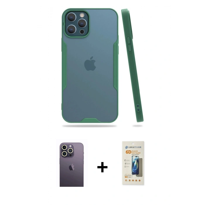 MARSİLYAN™- iPhone 12 Pro Max Kılıf Atlas Asil Serisi - Siyah 6D Mat Seramik Hayalet Nano Ekran Koruyucu + Neon Fosforlu Kamera Lens - BZ