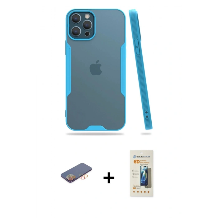 MARSİLYAN™- iPhone 12 Pro Max Kılıf Atlas Asil Serisi - Siyah 6D Mat Seramik Hayalet Nano Ekran Koruyucu + Renkli Kamera Lens Koruma Cam - TU