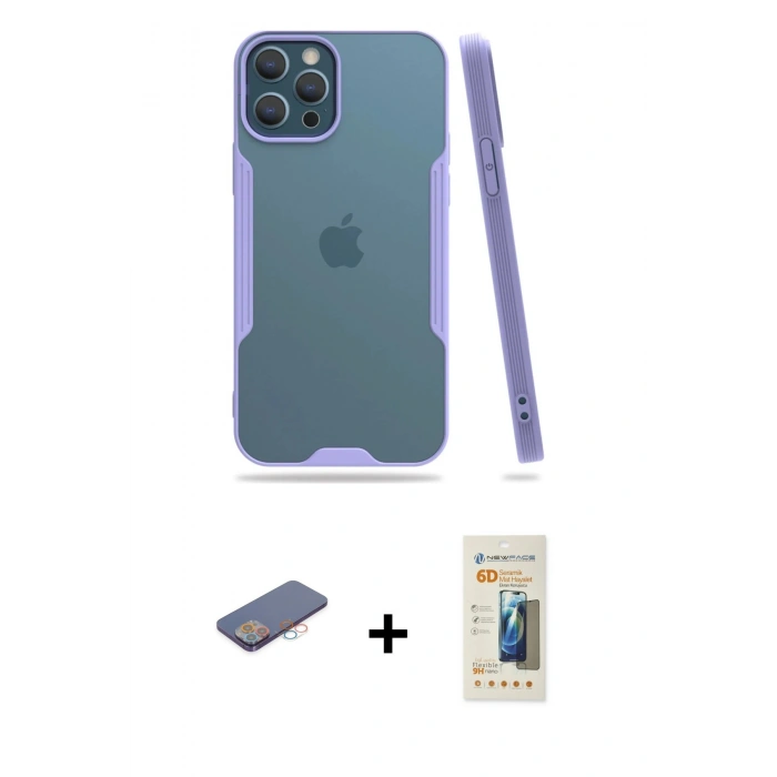 MARSİLYAN™- iPhone 12 Pro Max Kılıf Atlas Asil Serisi - Siyah 6D Mat Seramik Hayalet Nano Ekran Koruyucu + Renkli Kamera Lens Koruma Cam - PE