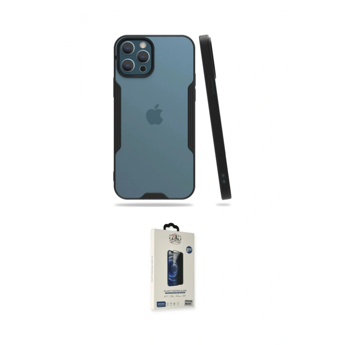 MARSİLYAN™- iPhone 12 Pro Max Kılıf Atlas Asil Serisi - Siyah Bilvis Hayalet Cam Ekran Koruyucu