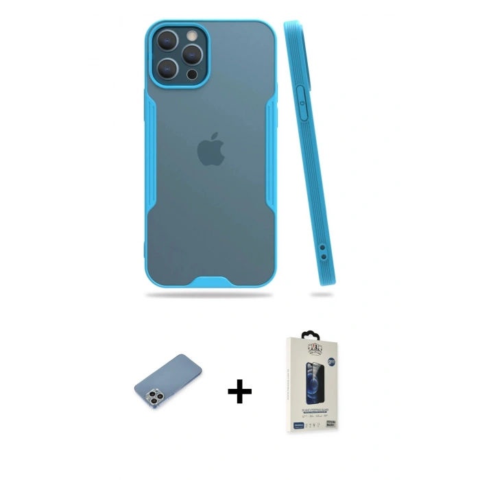 MARSİLYAN™- iPhone 12 Pro Max Kılıf Atlas Asil Serisi - Siyah Bilvis Hayalet Cam Ekran Koruyucu + Shine Kamera Lens Koruma Cam - GS