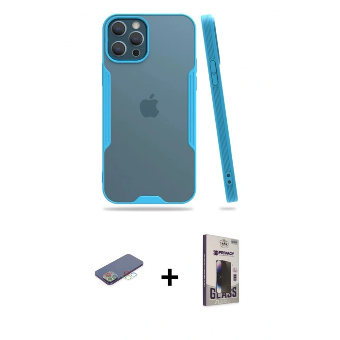 MARSİLYAN™- iPhone 12 Pro Max Kılıf Atlas Asil Serisi - Siyah Bilvis Hayalet Cam Ekran Koruyucu + Renkli Kamera Lens Koruma Cam - MI