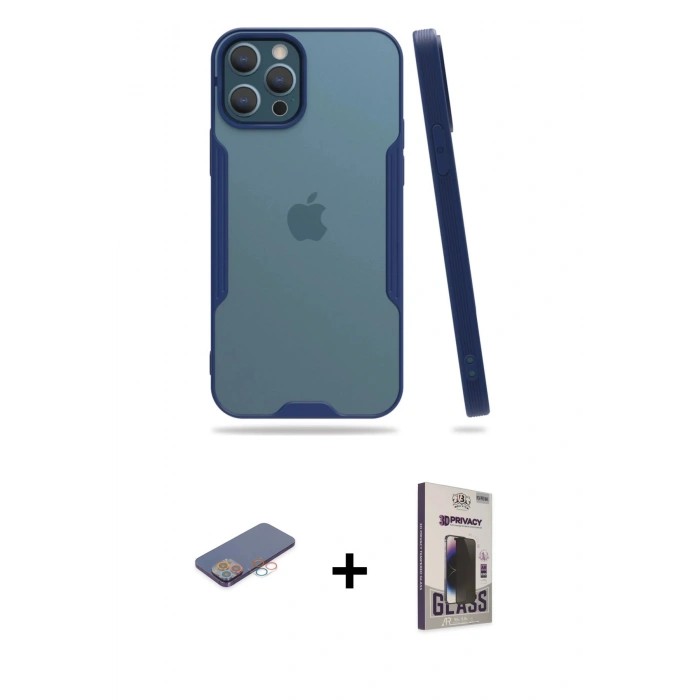 MARSİLYAN™- iPhone 12 Pro Max Kılıf Atlas Asil Serisi - Siyah Bilvis Hayalet Cam Ekran Koruyucu + Renkli Kamera Lens Koruma Cam - PE