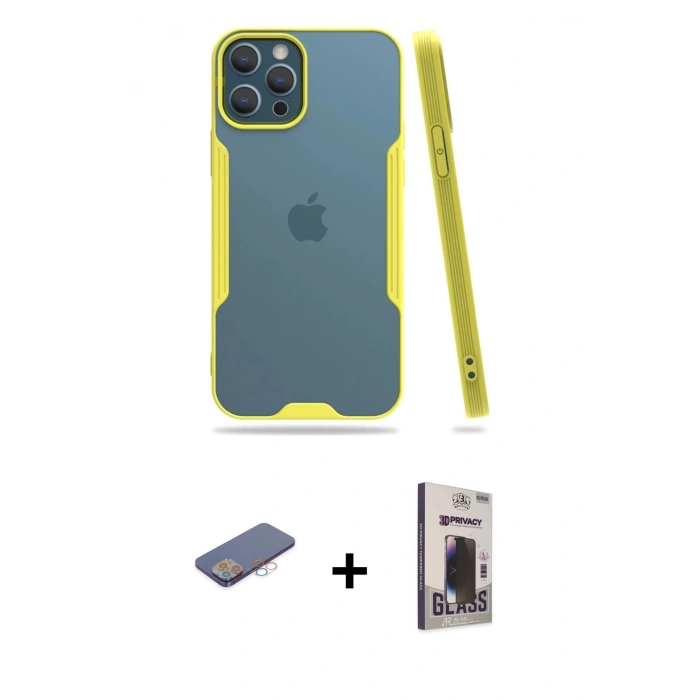 MARSİLYAN™- iPhone 12 Pro Max Kılıf Atlas Asil Serisi - Siyah Bilvis Hayalet Cam Ekran Koruyucu + Renkli Kamera Lens Koruma Cam - PE