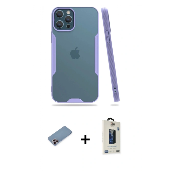 MARSİLYAN™- iPhone 12 Pro Max Kılıf Atlas Asil Serisi - Siyah Bilvis Hayalet Cam Ekran Koruyucu + Shine Kamera Lens Koruma Cam - PE