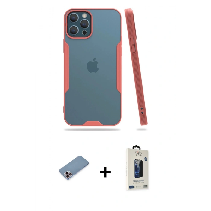 MARSİLYAN™- iPhone 12 Pro Max Kılıf Atlas Asil Serisi - Siyah Bilvis Hayalet Cam Ekran Koruyucu + Shine Kamera Lens Koruma Cam - PE