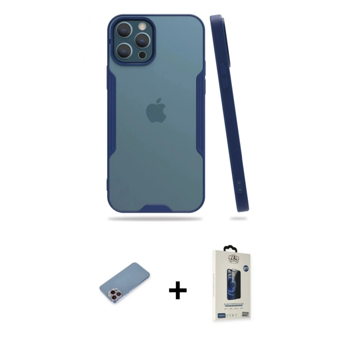MARSİLYAN™- iPhone 12 Pro Max Kılıf Atlas Asil Serisi - Siyah Bilvis Hayalet Cam Ekran Koruyucu + Shine Kamera Lens Koruma Cam - PE