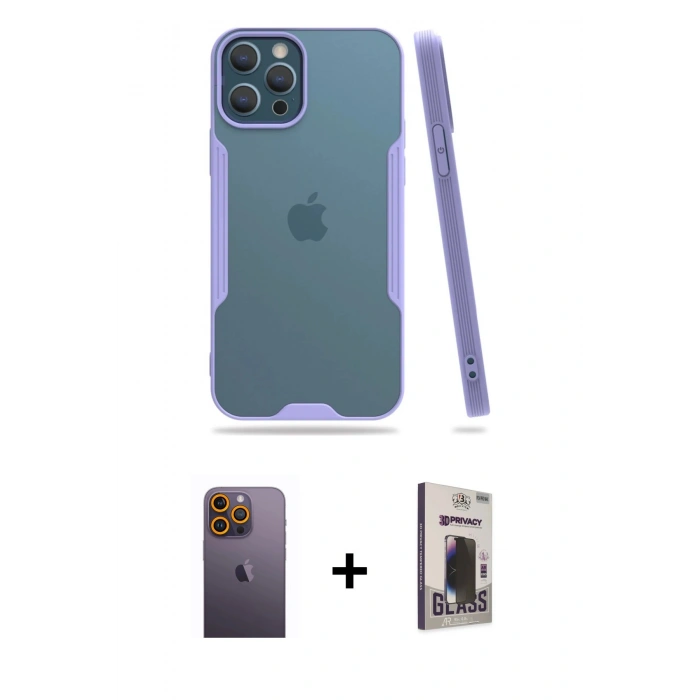 MARSİLYAN™- iPhone 12 Pro Max Kılıf Atlas Asil Serisi - Siyah Bilvis Hayalet Cam Ekran Koruyucu + Neon Fosforlu Kamera Lens - SI