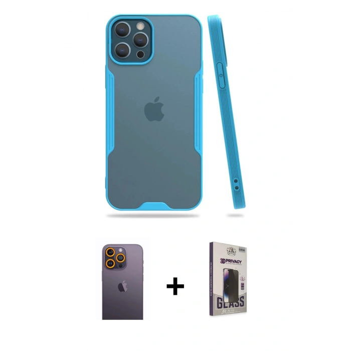 MARSİLYAN™- iPhone 12 Pro Max Kılıf Atlas Asil Serisi - Siyah Bilvis Hayalet Cam Ekran Koruyucu + Neon Fosforlu Kamera Lens - SI