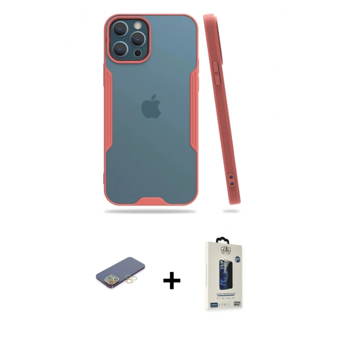 MARSİLYAN™- iPhone 12 Pro Max Kılıf Atlas Asil Serisi - Siyah Bilvis Hayalet Cam Ekran Koruyucu + Renkli Kamera Lens Koruma Cam - SI