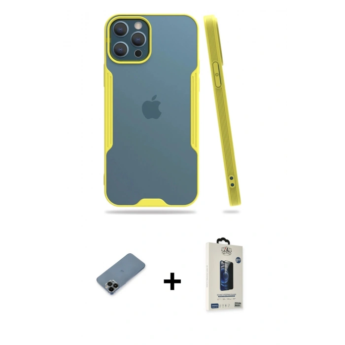 MARSİLYAN™- iPhone 12 Pro Max Kılıf Atlas Asil Serisi - Siyah Bilvis Hayalet Cam Ekran Koruyucu + Shine Kamera Lens Koruma Cam - SH