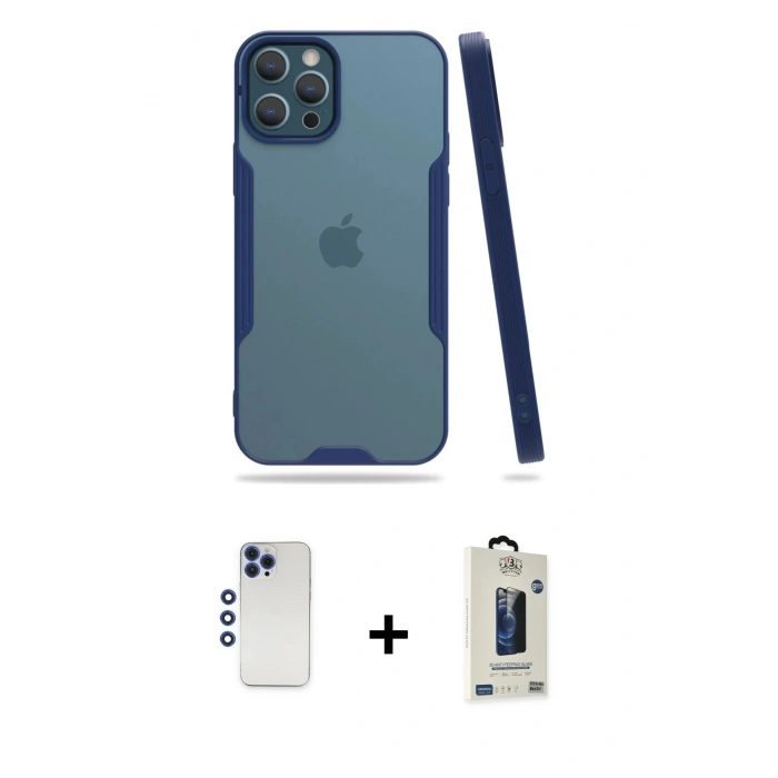 MARSİLYAN™- iPhone 12 Pro Max Kılıf Atlas Asil Serisi - Siyah Bilvis Hayalet Cam Ekran Koruyucu + Shine Kamera Lens - LT