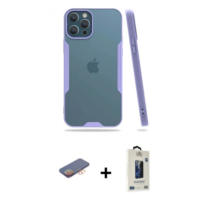 MARSİLYAN™- iPhone 12 Pro Max Kılıf Atlas Asil Serisi - Siyah Bilvis Hayalet Cam Ekran Koruyucu + Renkli Kamera Lens Koruma Cam - TU