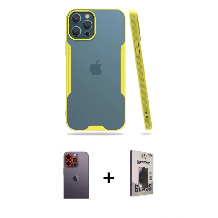 MARSİLYAN™- iPhone 12 Pro Max Kılıf Atlas Asil Serisi - Siyah Bilvis Hayalet Cam Ekran Koruyucu + Neon Fosforlu Kamera Lens - TU