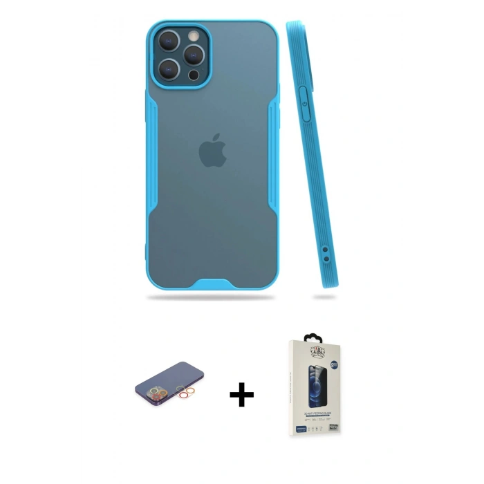 MARSİLYAN™- iPhone 12 Pro Max Kılıf Atlas Asil Serisi - Siyah Bilvis Hayalet Cam Ekran Koruyucu + Renkli Kamera Lens Koruma Cam - TU