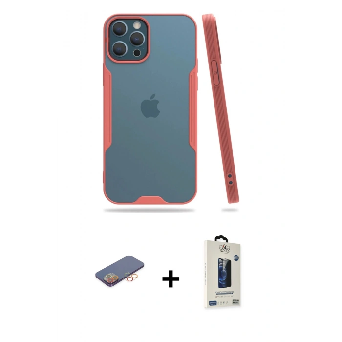 MARSİLYAN™- iPhone 12 Pro Max Kılıf Atlas Asil Serisi - Siyah Bilvis Hayalet Cam Ekran Koruyucu + Renkli Kamera Lens Koruma Cam - TU