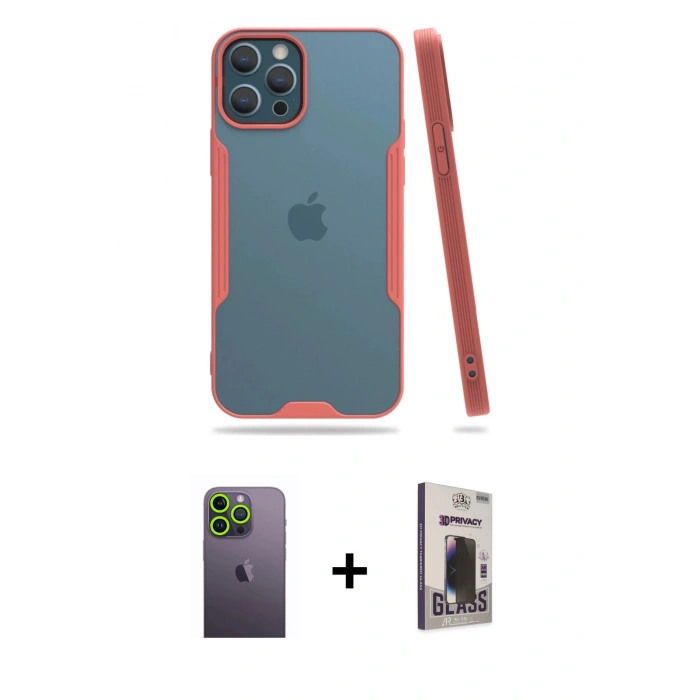 MARSİLYAN™- iPhone 12 Pro Max Kılıf Atlas Asil Serisi - Siyah Bilvis Hayalet Cam Ekran Koruyucu + Neon Fosforlu Kamera Lens - YL