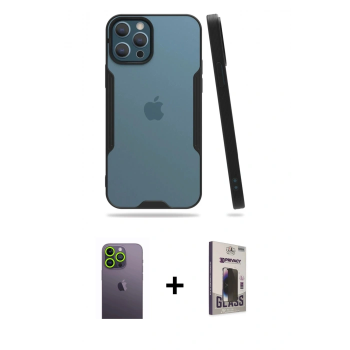 MARSİLYAN™- iPhone 12 Pro Max Kılıf Atlas Asil Serisi - Siyah Bilvis Hayalet Cam Ekran Koruyucu + Neon Fosforlu Kamera Lens - YL