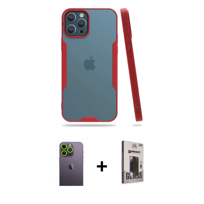MARSİLYAN™- iPhone 12 Pro Max Kılıf Atlas Asil Serisi - Siyah Bilvis Hayalet Cam Ekran Koruyucu + Neon Fosforlu Kamera Lens - YL